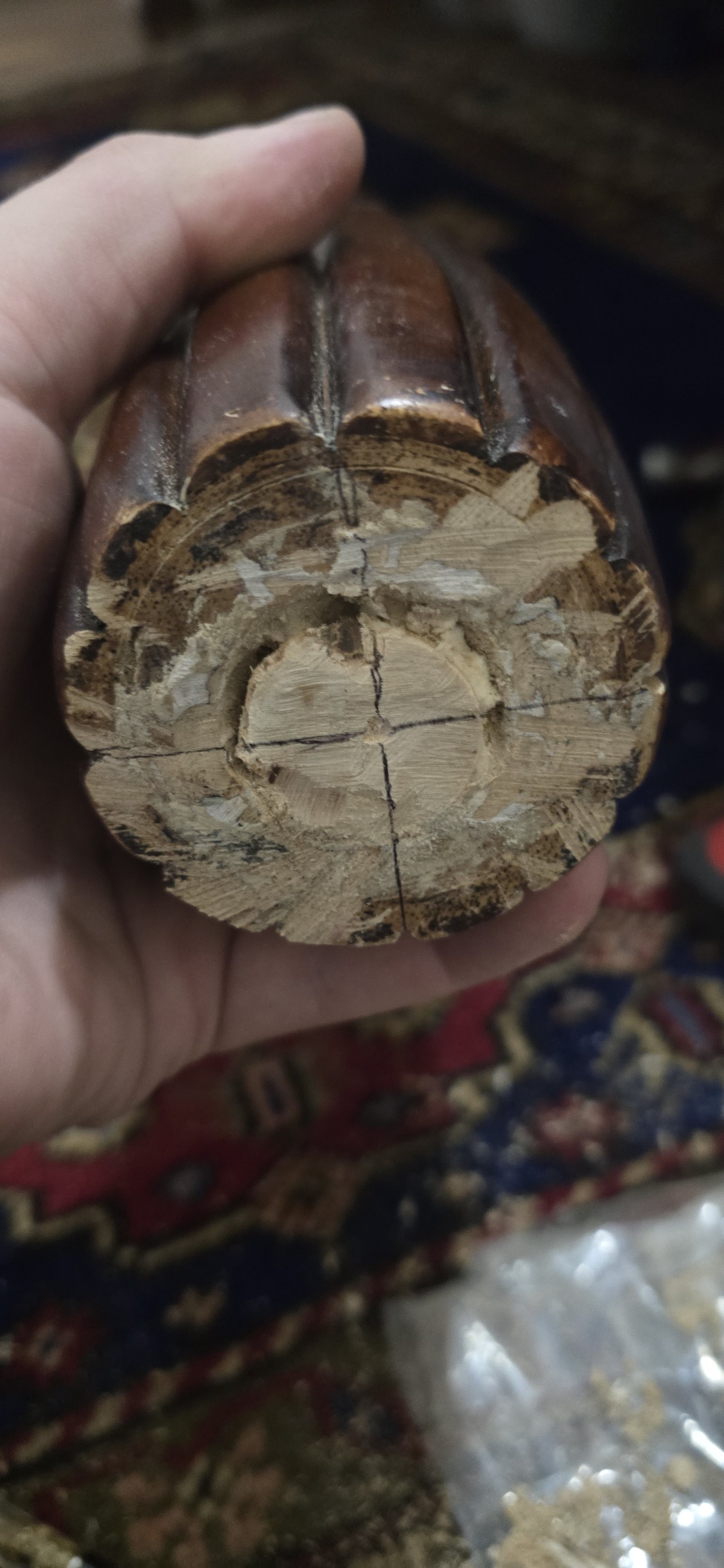 Rebuilt bedpost joint trimmed flush and marked for the new connection